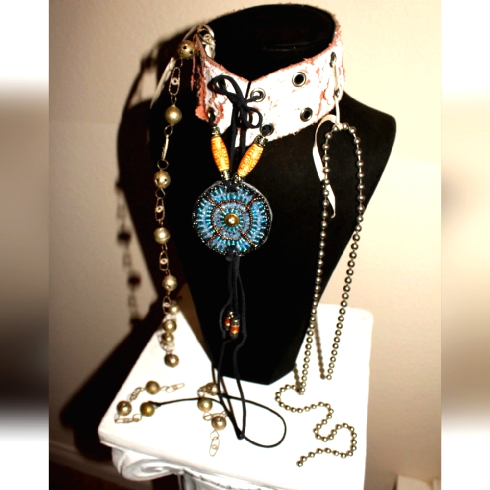 Navajo Choker Leather with Gemstones Sequin and Brass Chain and More, Handmade - Picture 7 of 8